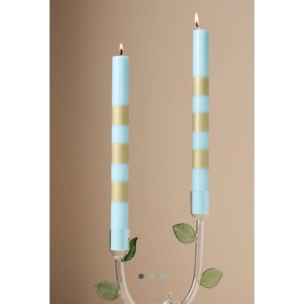 Anthropologie Set of 2 Blue and Gold Striped Taper Candles 9.8in Hand Painted